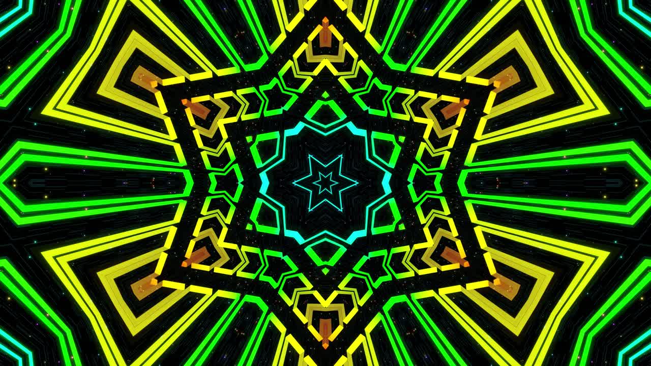 el fondo del kaleidoscopio abstracto con formas simples patrón periódico. holograma patrón complejo como kaleidoscope. luz de neón o brillo gradiente de color arco iris. líneas y forma simple. simetría estelar.