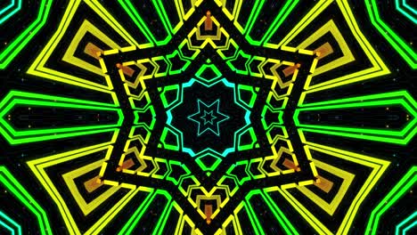 vj abstract kaleidoscope background with simple shapes periodic pattern. hologram complex pattern as kaleidoscope. neon light or glow rainbow color gradient. lines and simple form. star simmetry.