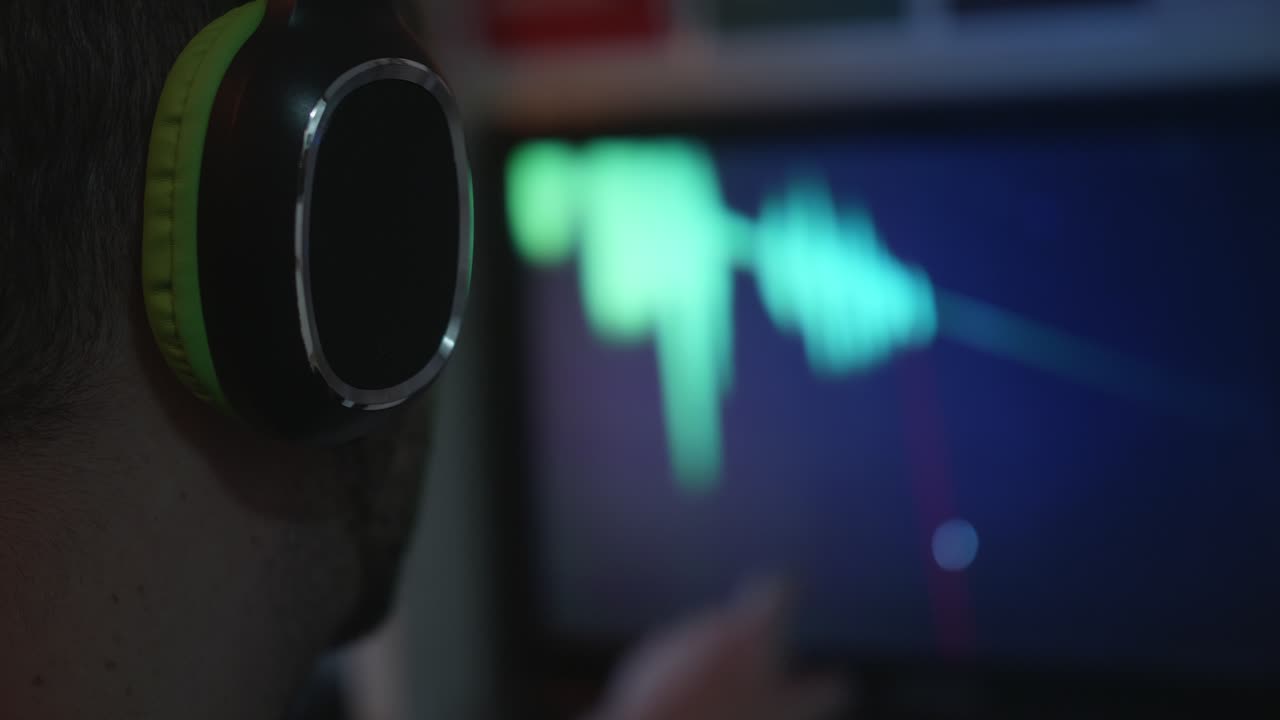 Person Wearing Headphones Listening to Digital Audio Waveform
