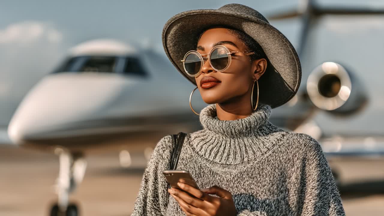 Elegant Traveler with Sunglasses and a Hat Posing Confidently at an Airport with a Private Jet in the Background, Showcasing Style and Sophistication