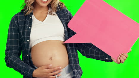 pregnant woman, hands and speech bubble on green