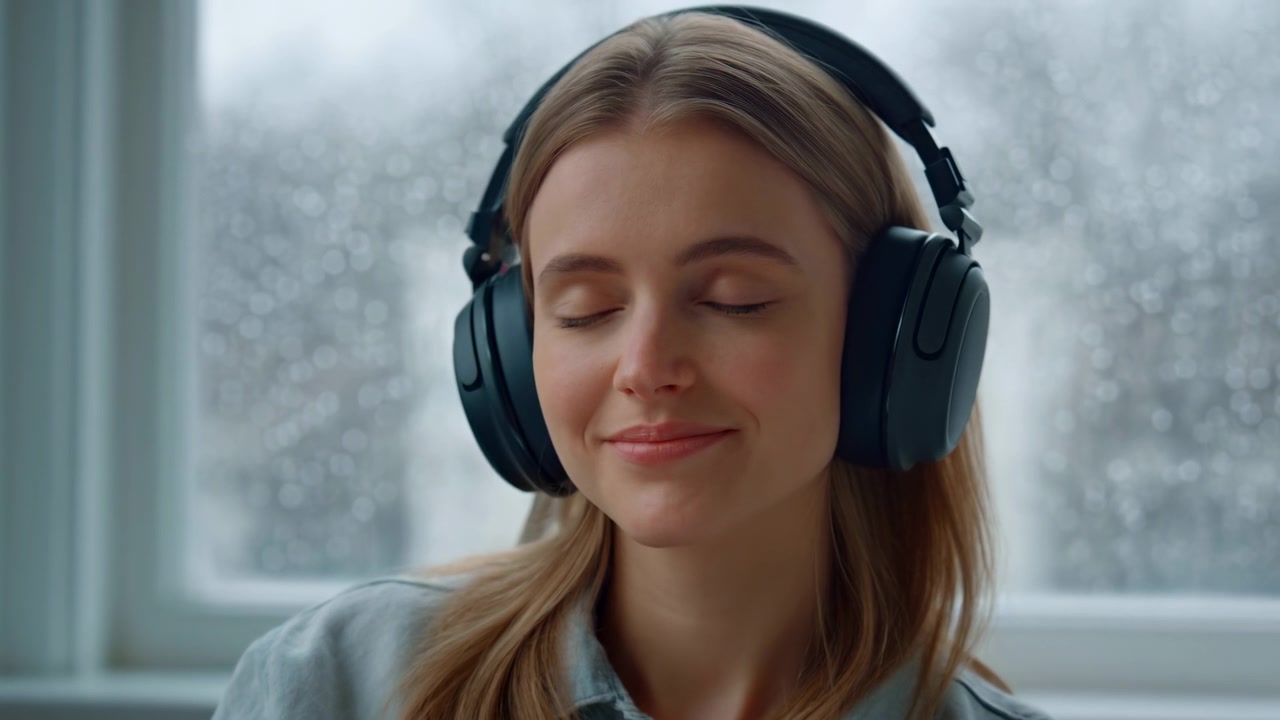 Donna che ascolta musica accanto alla finestra, occhi chiusi con un leggero sorriso, cuffie over-ear, gocce di pioggia sul vetro.