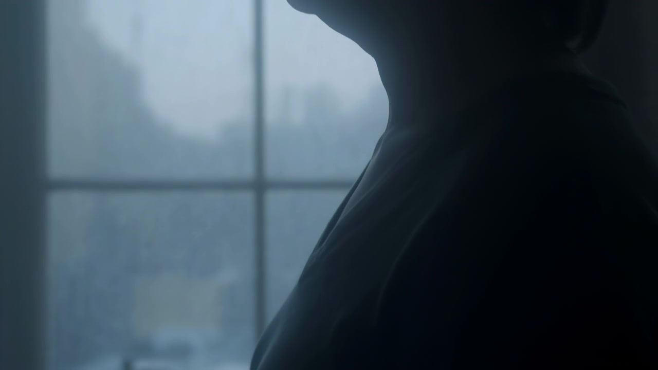 Scena ravvicinata di una silhouette di spalla, busto superiore, collo e parte inferiore del viso vestiti di scuro, che si gira leggermente da una luminosa finestra a montanti, con sfocatura morbida, luce di contorno, ombra e un'atmosfera interna attenuata.