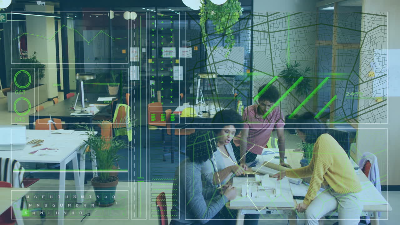 People collaborating at office with digital data processing animation overlay