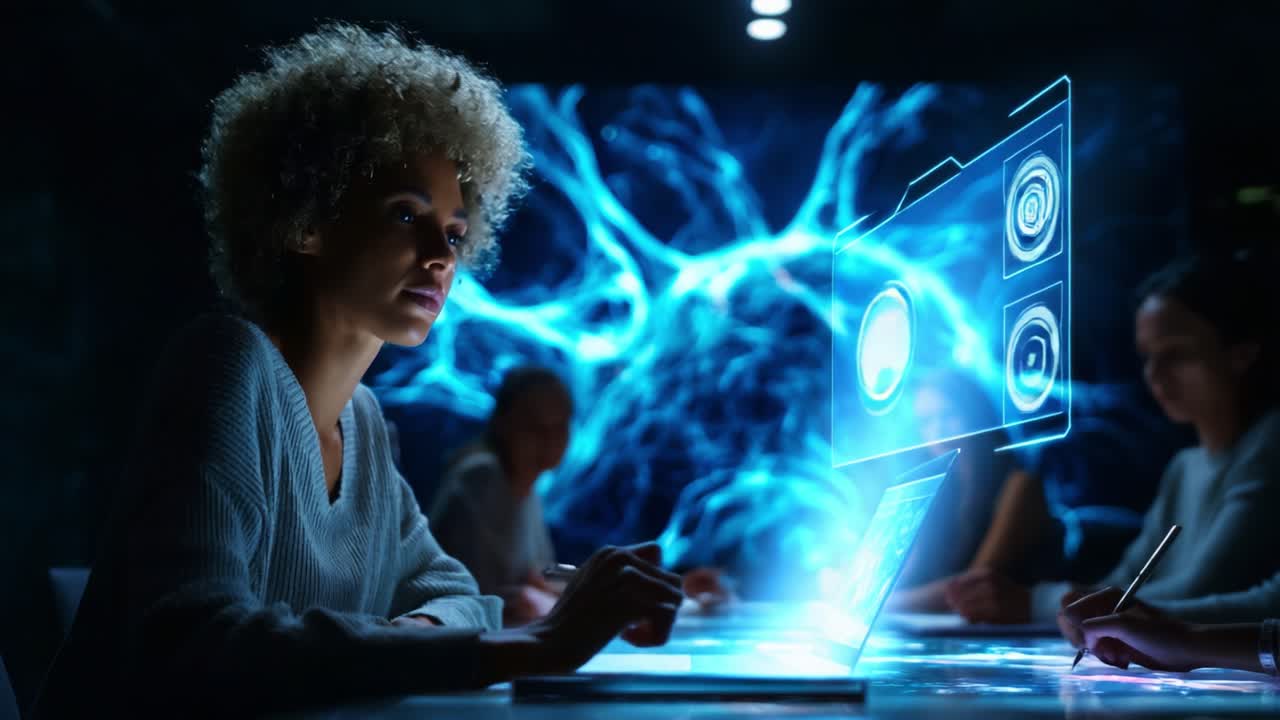 A Woman Engaged in an Innovative Digital Discussion, Surrounded by High-Tech Visuals and Collaborating with Peers Amidst a Futuristic Setting of Learning and Exploration
