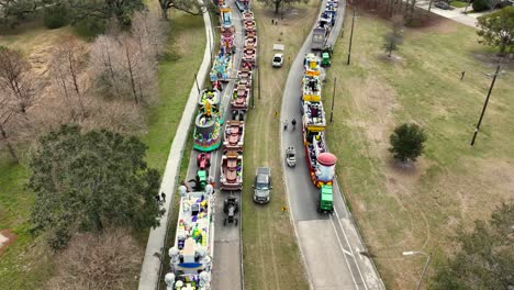 floats lining up for parade day in new orleans