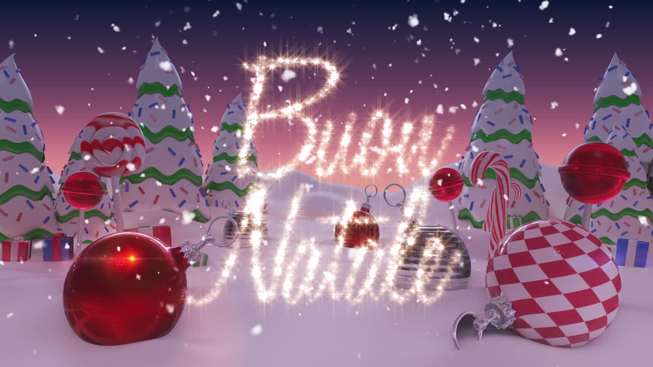 스페인 크리스마스 메시지 조명과 장식으로 눈 인 장면에 애니메이션.