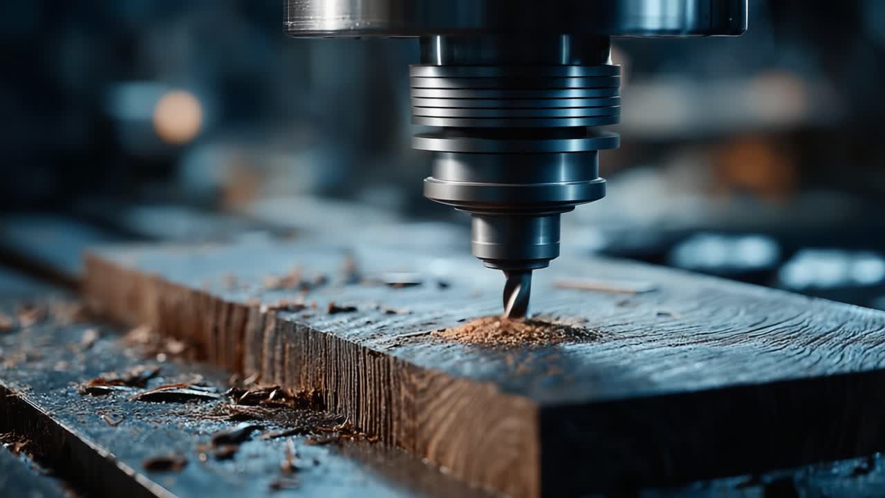 Precision Woodworking: Advanced Techniques in CNC Machining Demonstrated on a Workpiece with Detail Focused on the Drill Bit and Surface Preparation