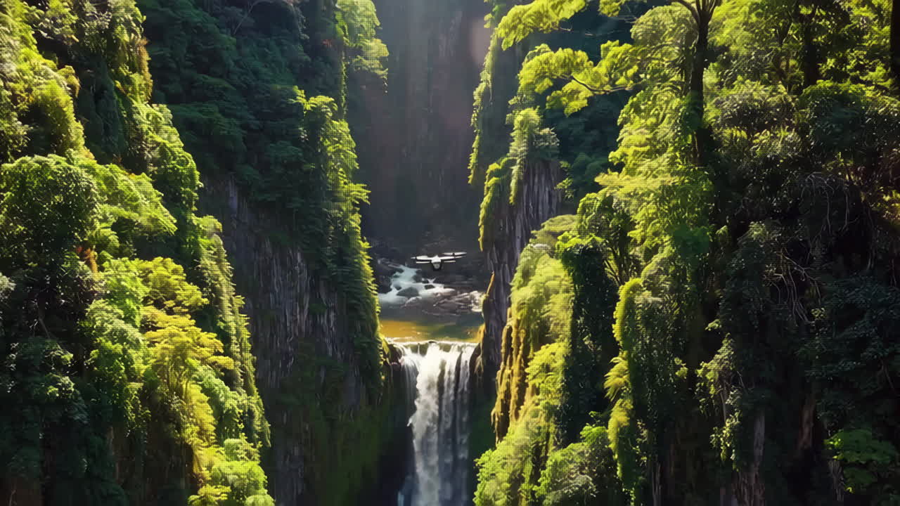 Drone Shot of a Waterfall in a Lush Green Gorge