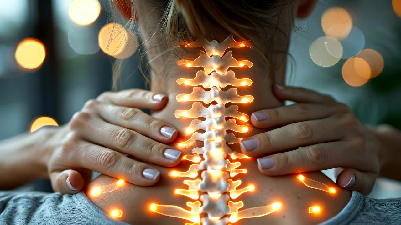 Glowing spine neck massage. A person massages their neck, revealing a glowing spine design in soft light, creating a soothing vibe
