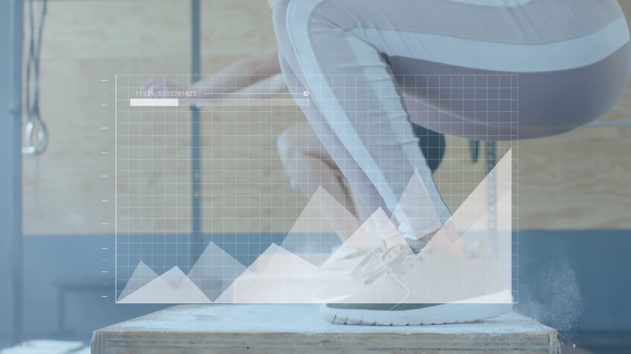 체육관에서 다양한 여성의 크로스 트레이닝을 모니터링하는 그래프에 대한 데이터 처리의 애니메이션