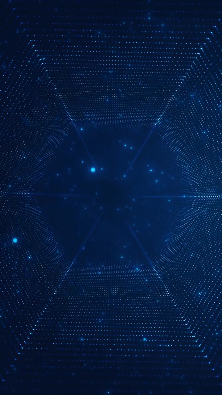 Blue dotted tunnel depth background symmetrical particle walls dark center and glowing perspective