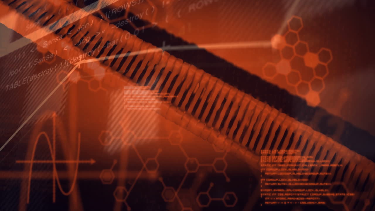 Animation of digital interface with hexagonal patterns and data processing elements