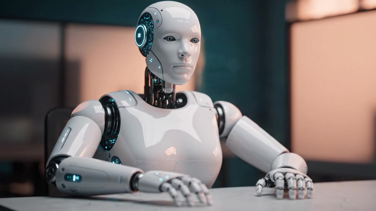 Robot umanoide futuristico seduto a una scrivania in uno spazio di lavoro moderno, che mostra tecnologia AI avanzata e design elegante in un ambiente high-tech