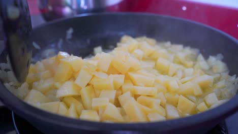 stirring the onion and potatoes in a frying pan