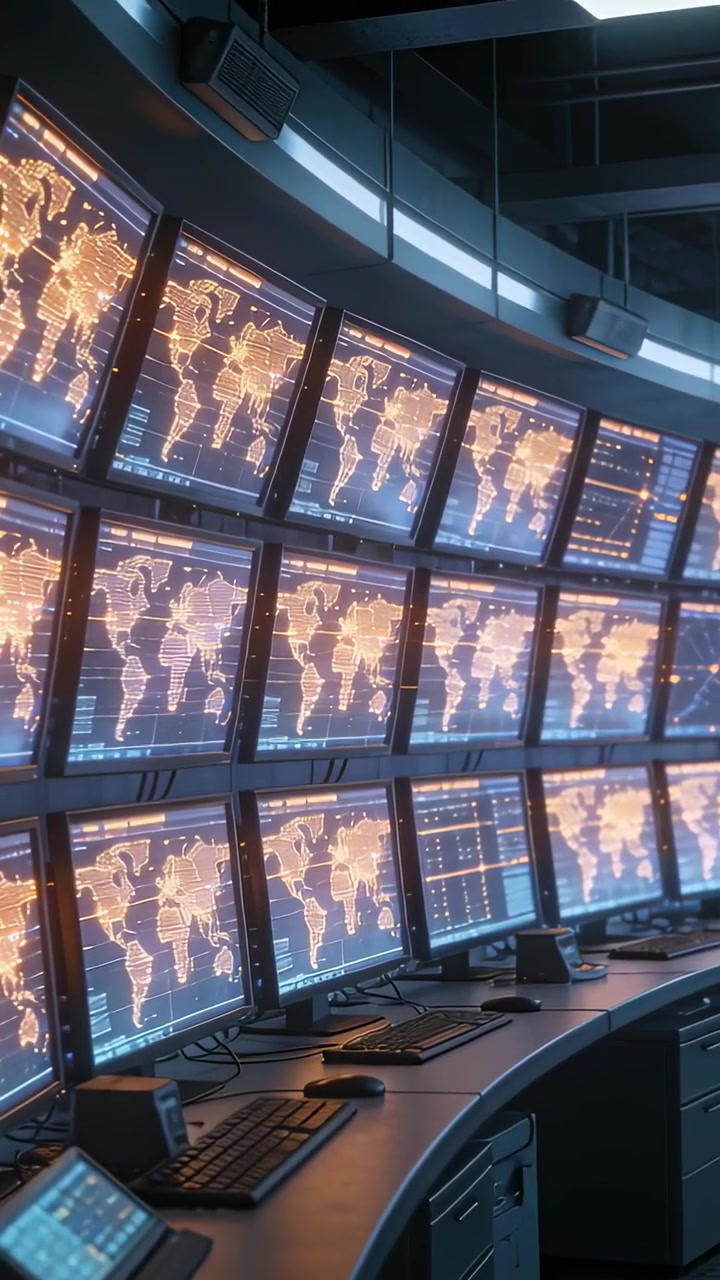 Vertical video: Panning camera revealing curved monitor wall at command center, showing amber maps