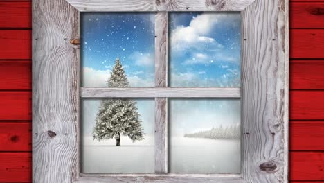 Wooden-window-frame-against-snow-falling-over-christmas-tree-on-winter-landscape