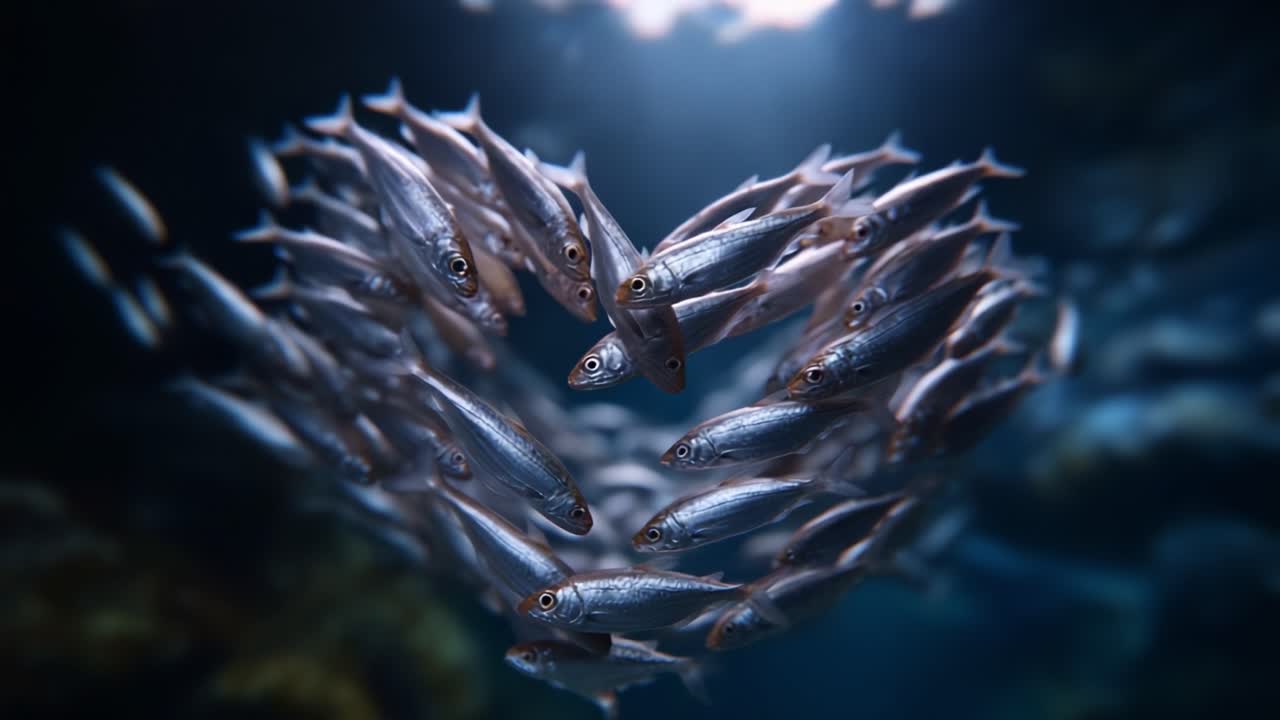 A Captivating Scene of Fish Forming a Heart Shape Underwater, Showcasing Unity and Grace in the Depths of the Ocean's Blue Environment