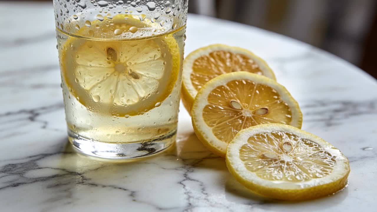 Movimento di telecamera che rivela un bicchiere con una fetta di limone e limoni a fette su un tavolo di marmo, con bollicine che salgono.