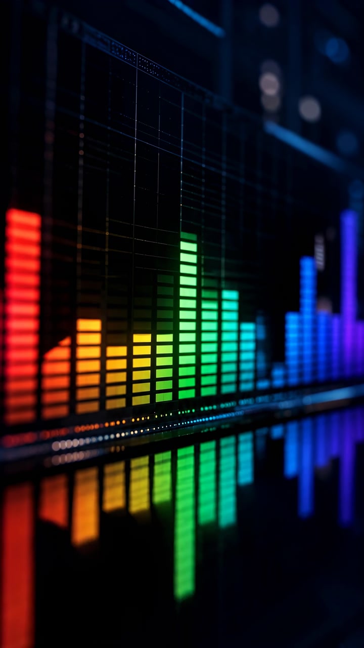 Bright multicolored equalizer bars rise across a dark digital display, with a glossy reflection below and soft bokeh lights in the background