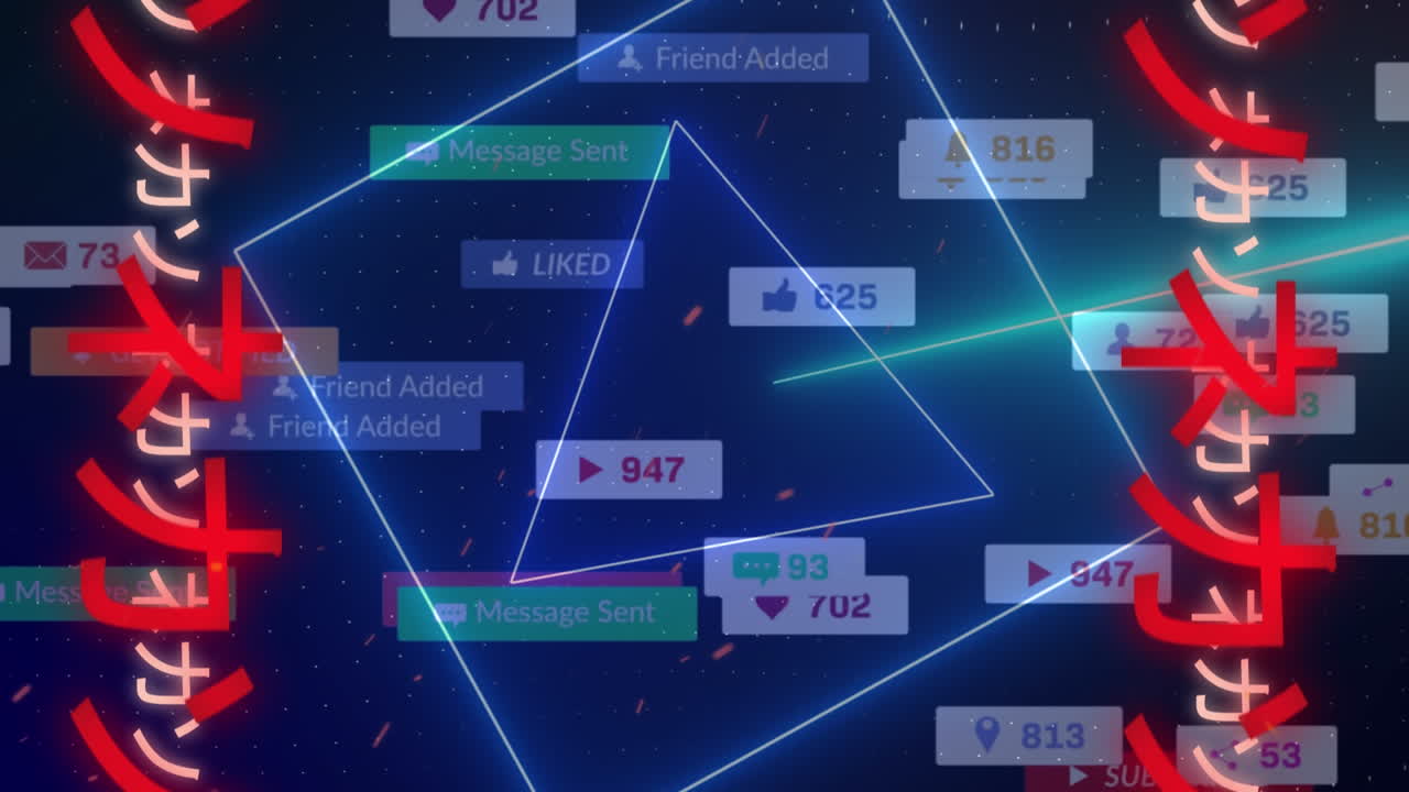 소셜 미디어 아이콘과 숫자를 가진 아시아 네온 글의 애니메이션