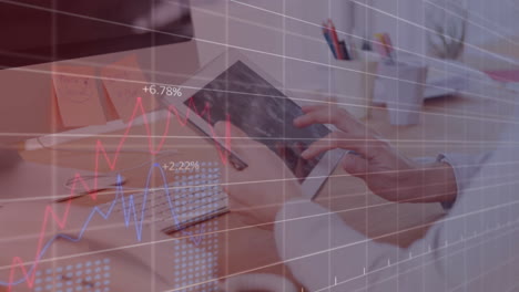 animación del procesamiento de datos financieros sobre el hombre caucásico usando una tableta.