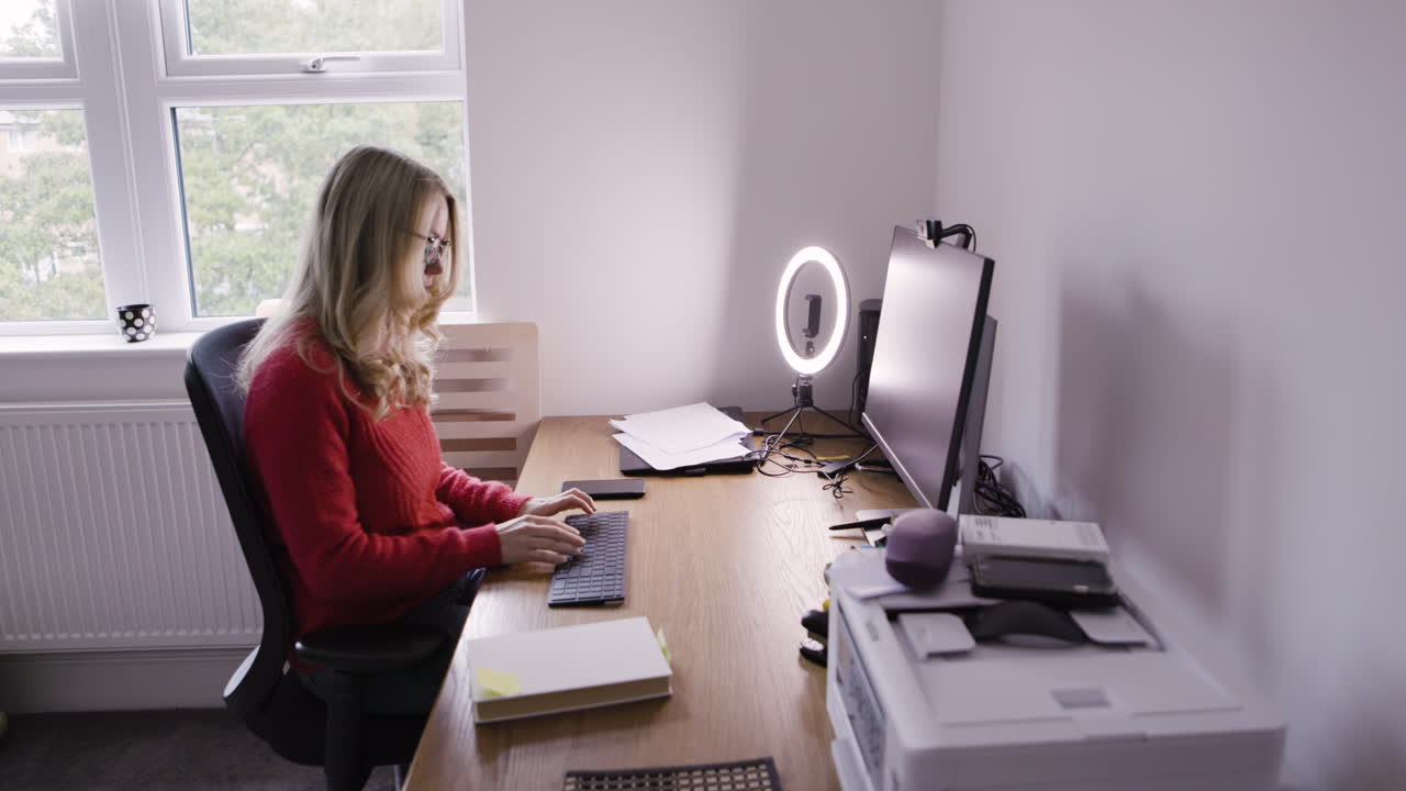 Woman working at her desk in her home office