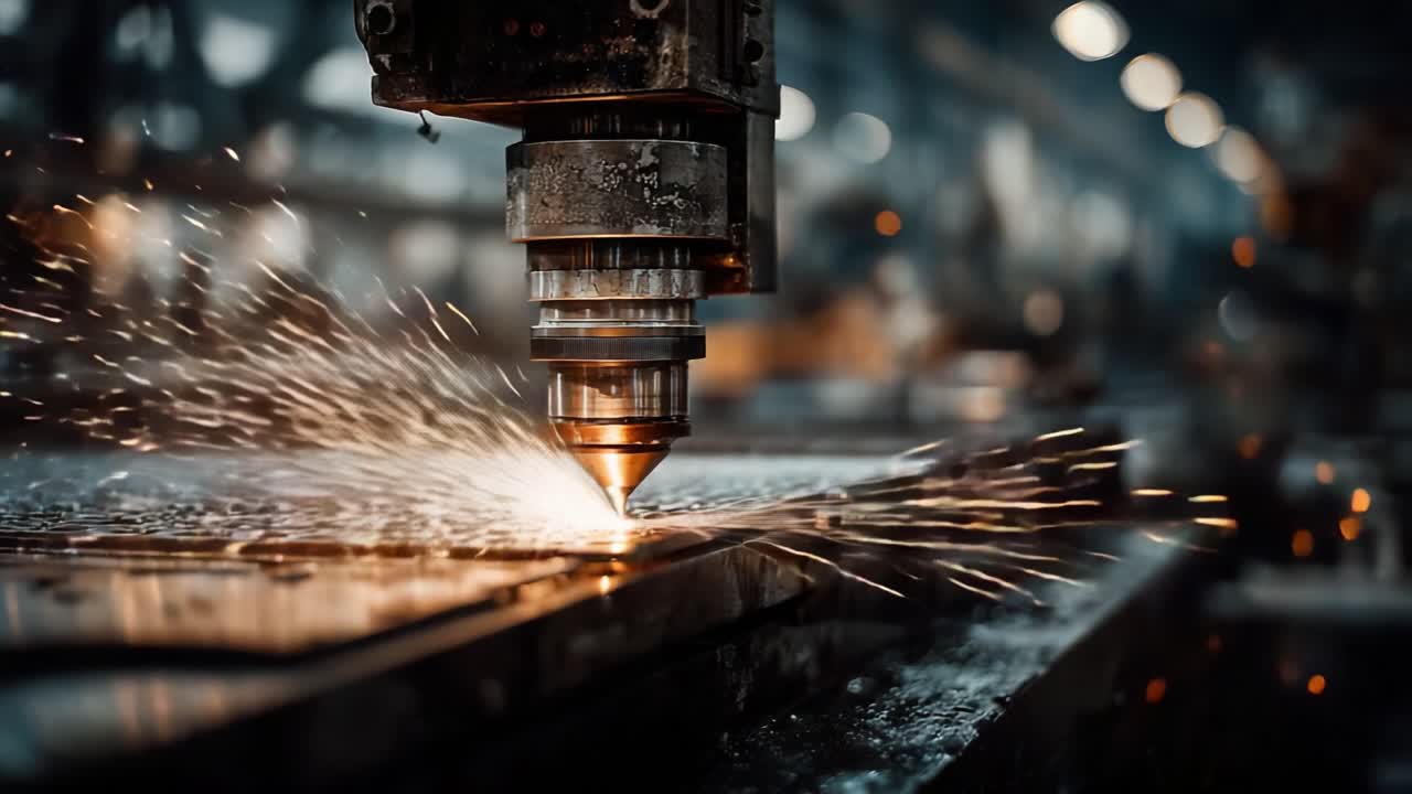 Modern bir endüstriyel ortamda hassas bir lazer kesicinin kıvılcımlar saçtığı yakın çekim, metal imalatının karmaşık sürecini ve arkasındaki yenilikçi teknolojiyi vurguluyor.