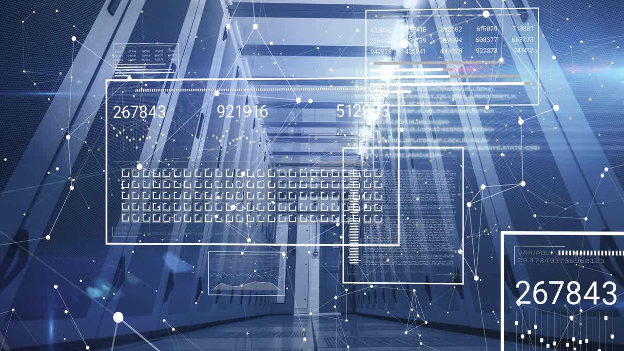 Server rack corridor glowing with floating data panels and connecting network node overlays