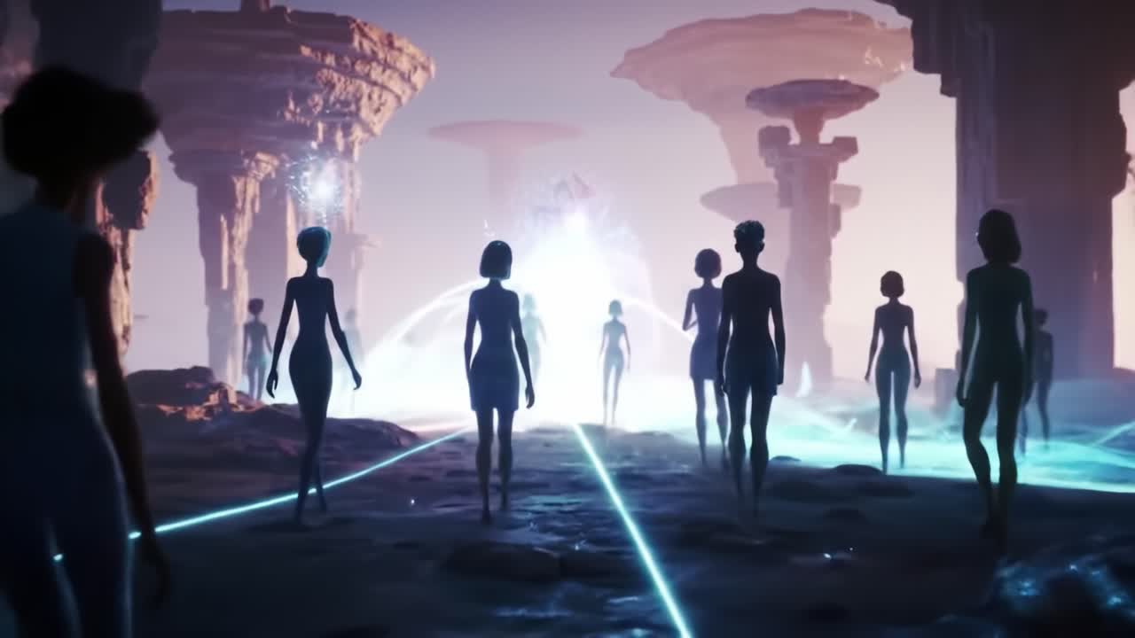 Figures walk through a stunning, ethereal environment filled with towering structures and glowing lights. The atmosphere is enchanting, inviting exploration and wonder.