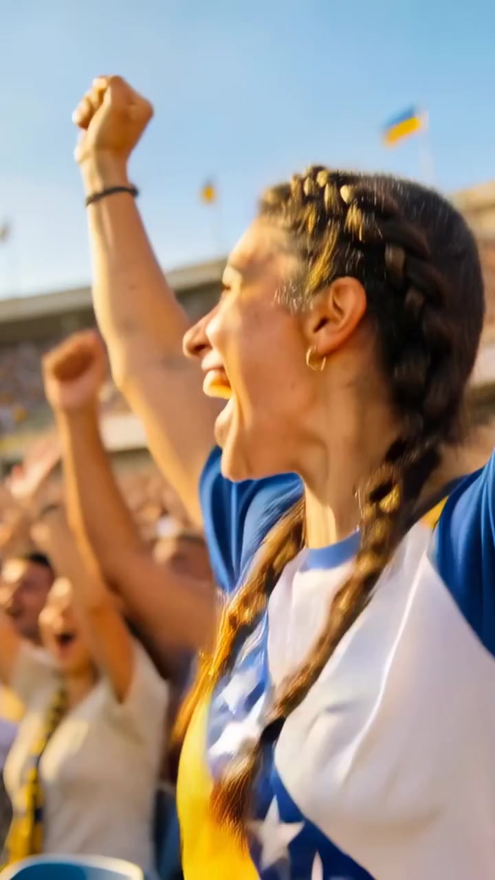 Video vertical: Aficionado animando reaccionando después de un gol, aplaudiendo y gritando en las gradas, con la camiseta del equipo.