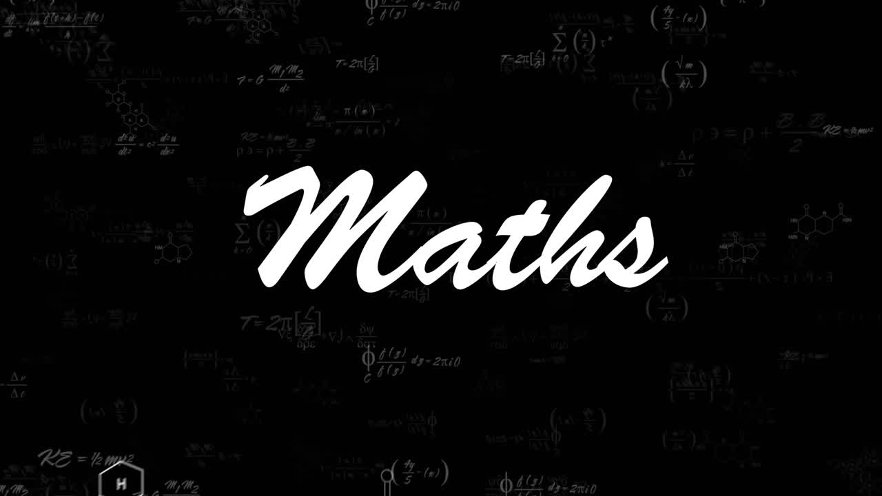 Animation of mathematical equations and maths text on black background