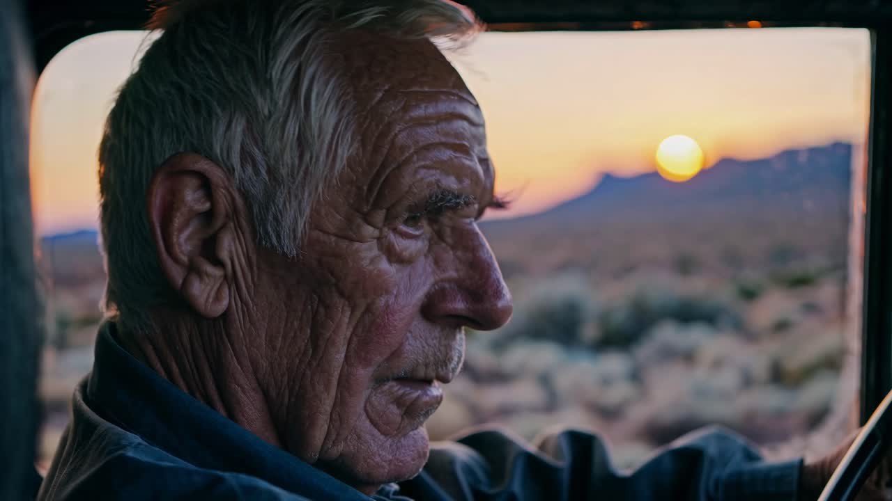 Close-up video shot of an elderly man driving through a desert landscape at sunset