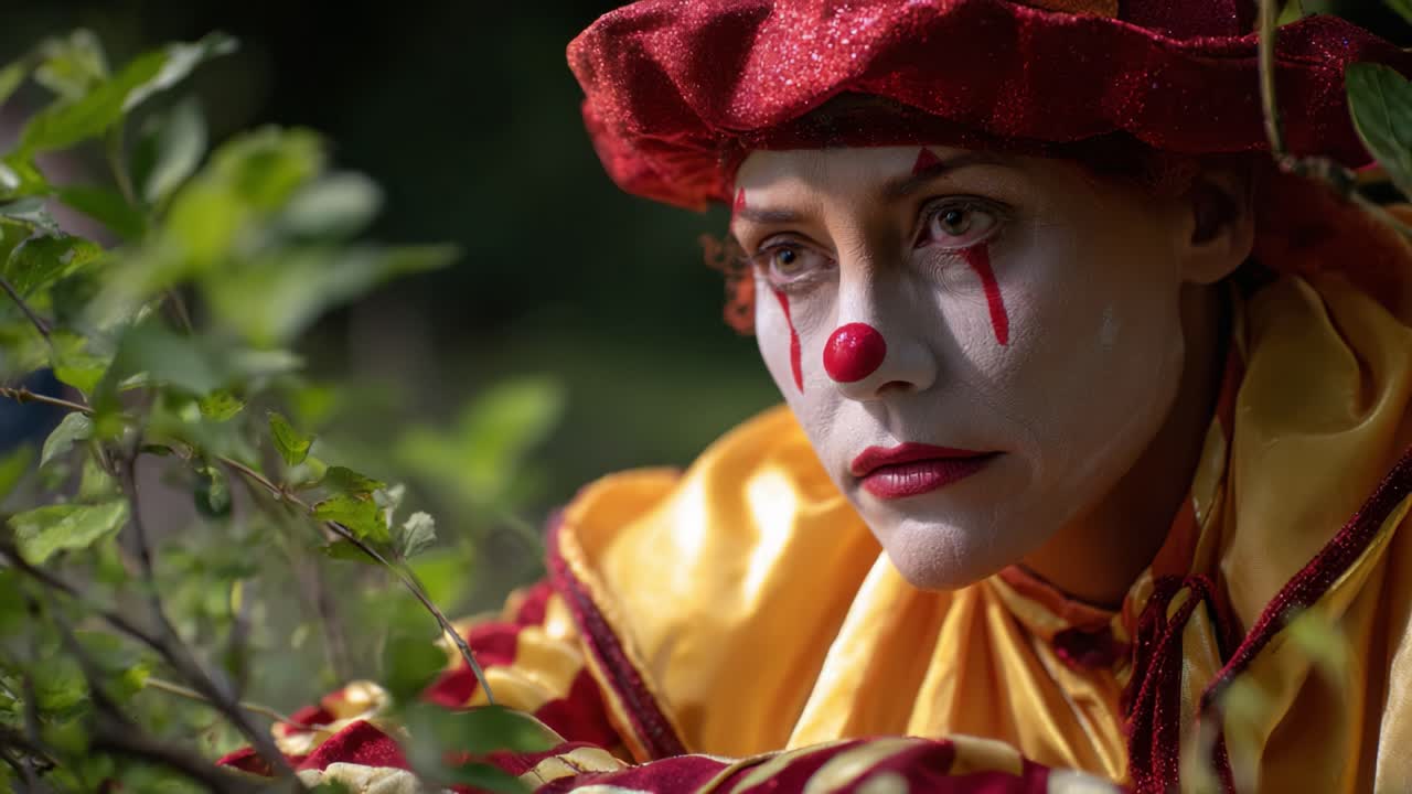 Un clown contemplativo con un costume vivace guarda in lontananza, circondato dal verde, evocando un senso di malinconia e introspezione nella natura