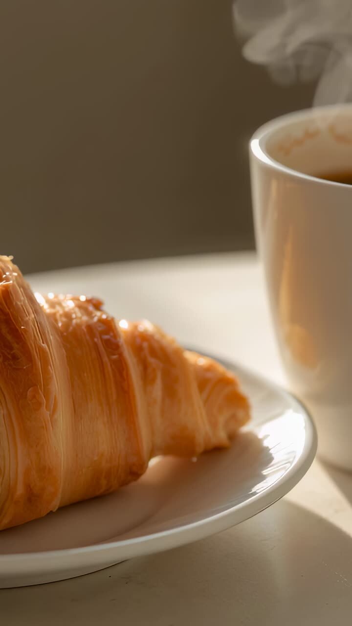 Vertical video: Panning camera revealing croissant on white plate on tabletop, mug steaming beside