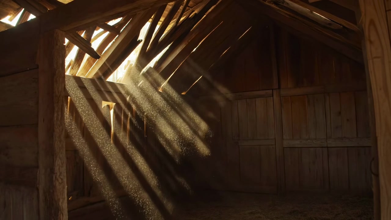 Soffitta in legno impolverata inondata di luce solare, raggi che filtrano attraverso le assi del tetto con pulviscolo fluttuante, atmosfera calda