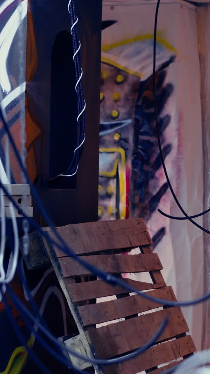 Vertical video Desolate defaced location left in messy state by edgy teens