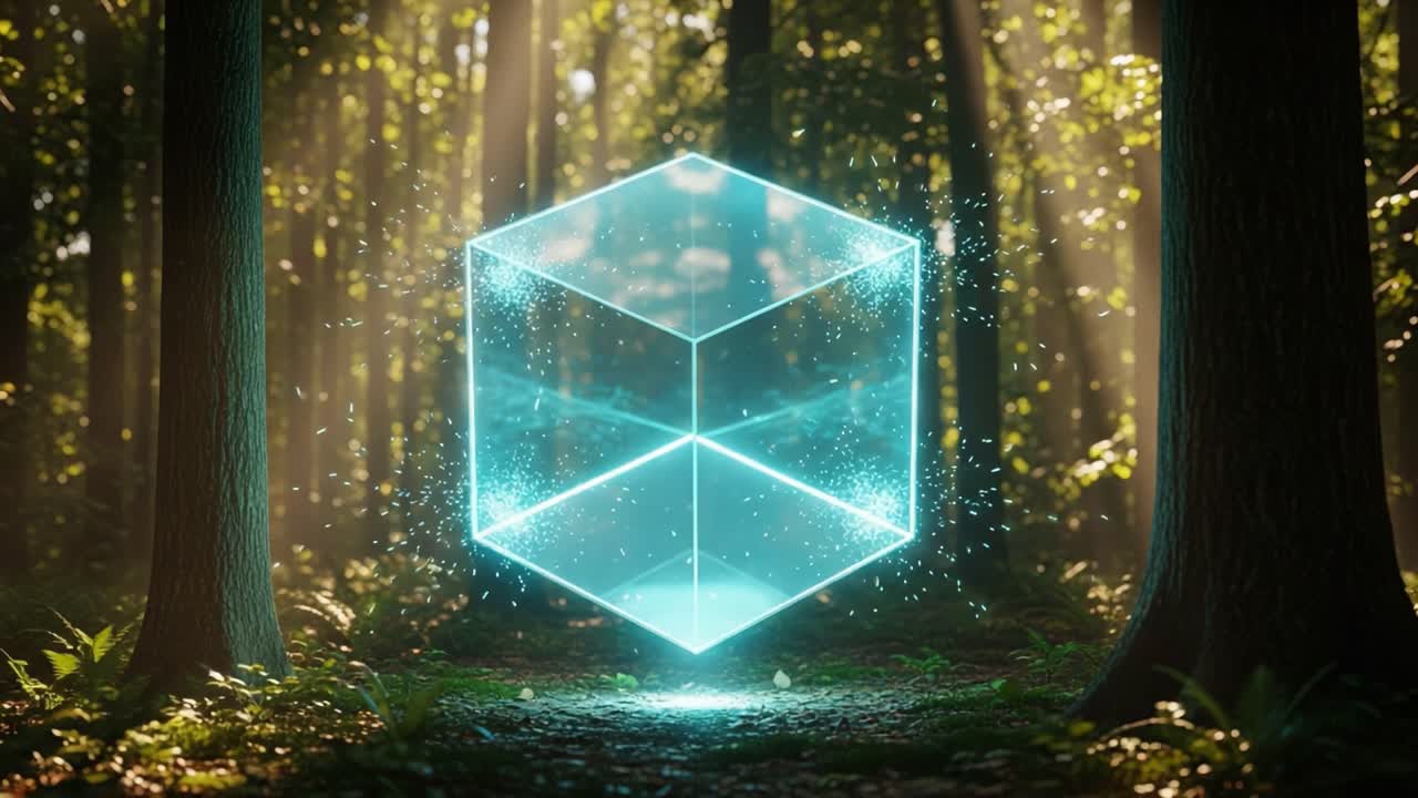 A Luminescent Cube Suspended in a Serene Forest, Bathed in Ethereal Light, Illustrating the Harmony of Nature and Technology in a Visual Symphony of Colors