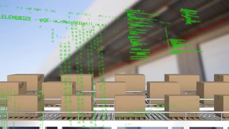 Animation-of-data-processing-and-boxes-on-conveyor-belt-over-warehouse