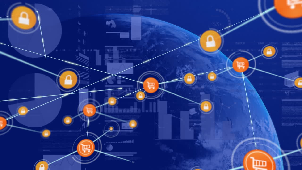 전 세계에 대한 통계 데이터 처리의 디지털 아이콘 네트워크와 화면의 애니메이션