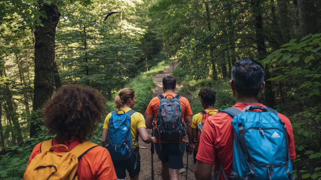 Inquadratura: cinque escursionisti che percorrono un sentiero boschivo con zaini da trekking; il capogruppo usa i bastoncini.