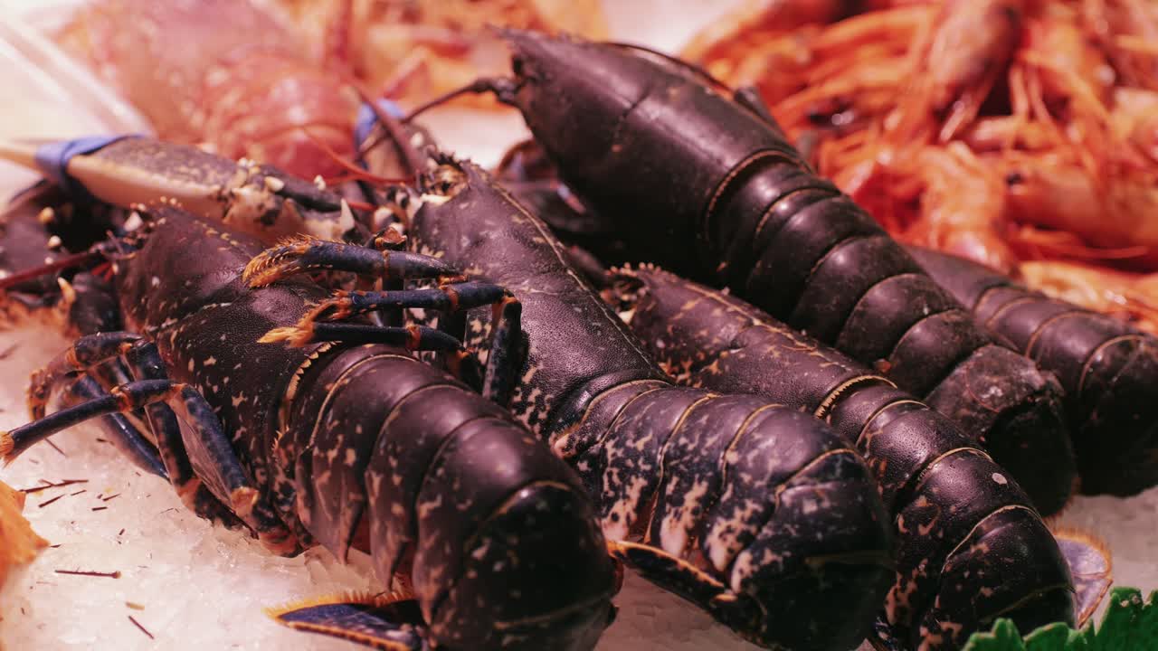 A stunning closeup of fresh lobsters, beautifully showcasing their vibrant colorful shells and claws resting on ice