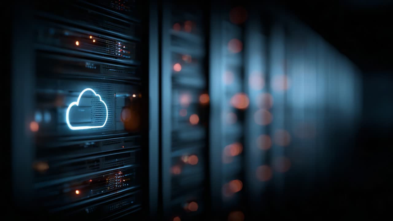 Illuminated Cloud Icon Against Dark Server Rack: Visualizing Modern Cloud Technology and Data Storage Solutions in a High-Tech Environment