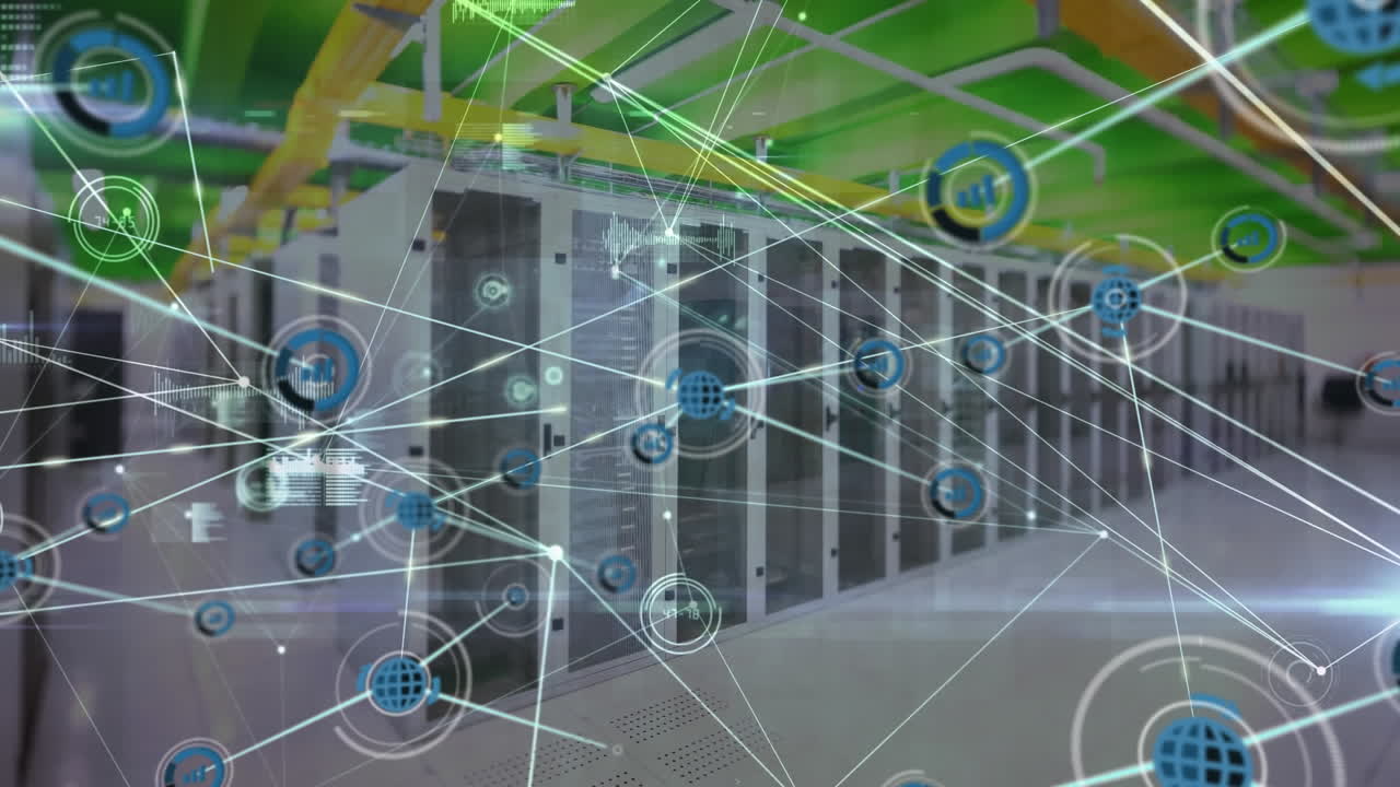 Animation of network of connections with icons and data processing over computer servers