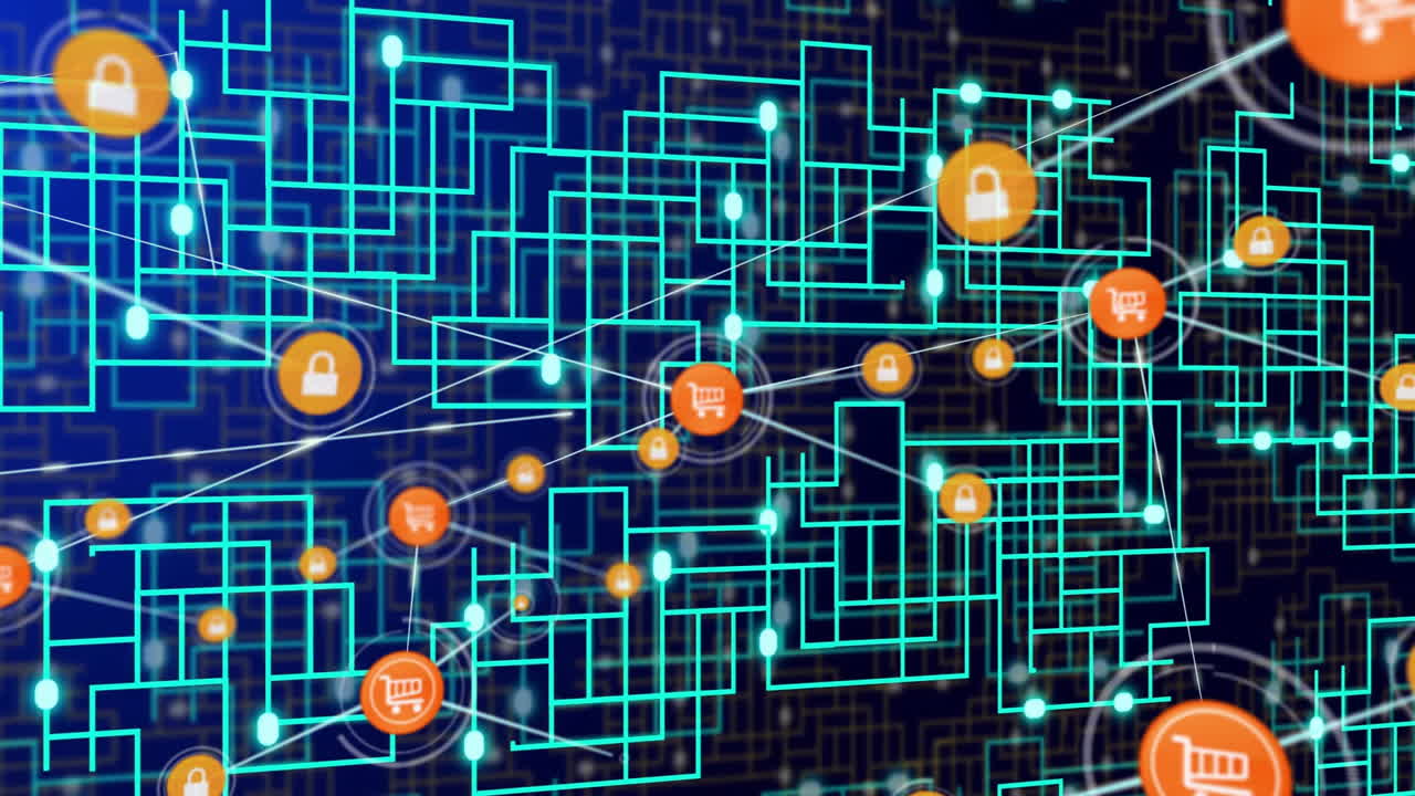 Animation of network of connections with icons over white maze moving with spots