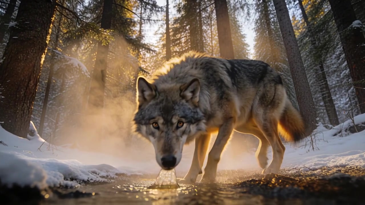 Approaching stream, adult gray wolf sniffing and lapping water in snowy conifer forest with collar