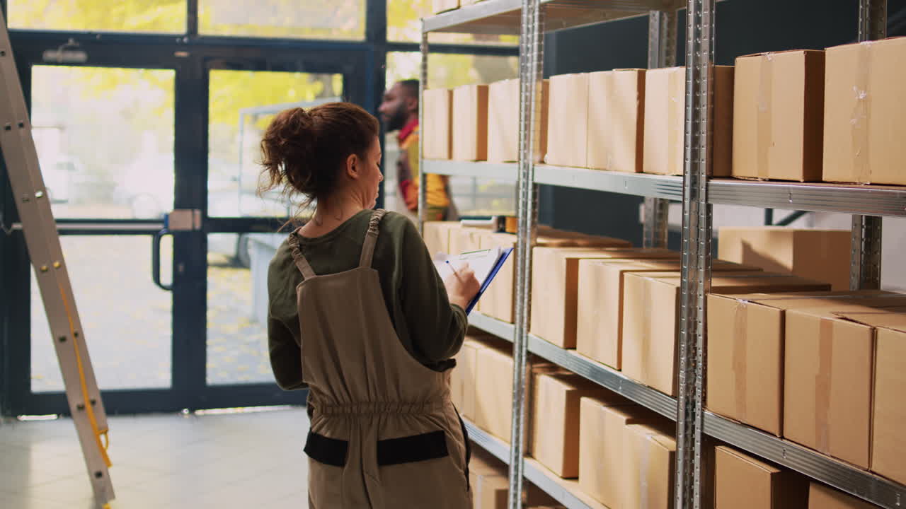 Woman inspecting boxes in a warehouse