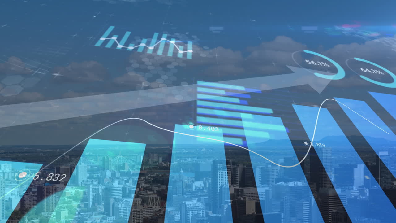 배경으로 도시 풍경 위에 화살표와 금융 데이터 처리를 가진 통계의 애니메이션