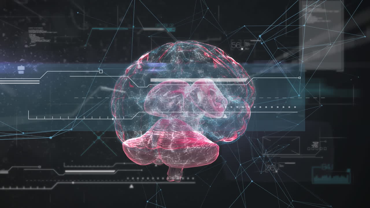 animación de un cerebro humano brillante con procesamiento de datos de interfaz digital