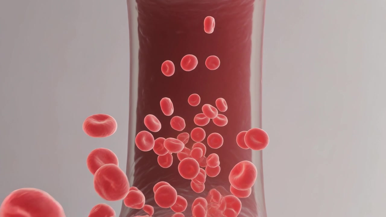 Entering red blood cell cluster creating steady downward flow to viewer inside vascular lumen, glow